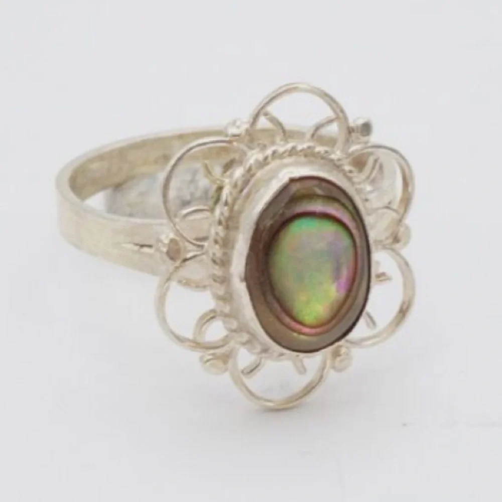 Vintage Mexico Sterling Silver 925 Abalone Stone Shell Filagree Oval Ring